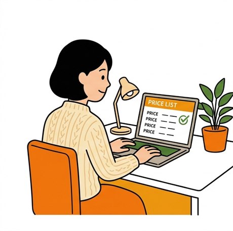 パソコンで料金表を確かめている人のイラスト