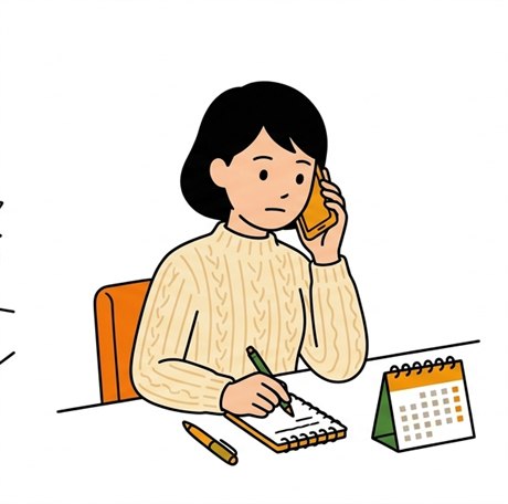 電話でメモを取りながら確認している人のイラスト