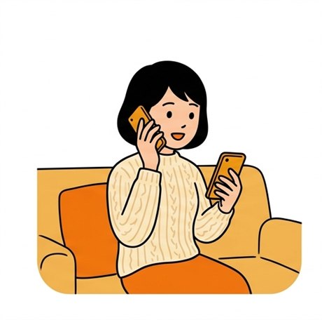 スマートフォンで検索して電話をかけている人のイラスト