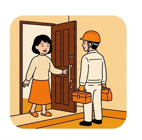玄関で水道職人を迎え入れている人のイラスト