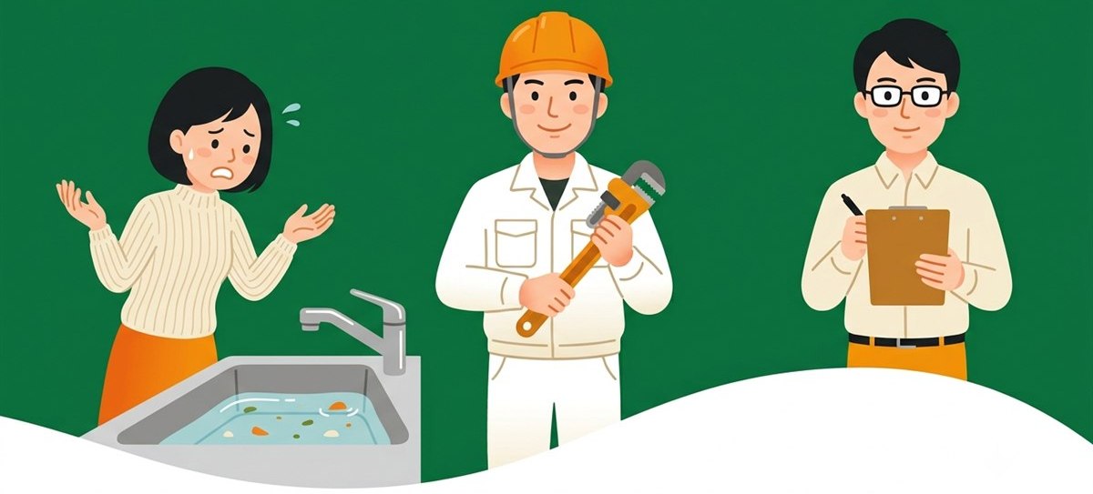 キッチンのシンクに水がたまって困っているお客さま、工具を持った水道職人、料金を調べている比較ナビ編集部の3人のイラスト